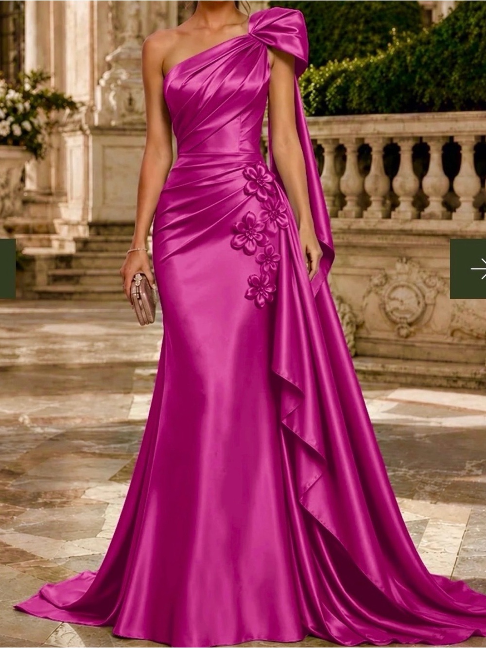 One-Shoulder Fuchsia Satin Evening Gown with Floral Appliqué